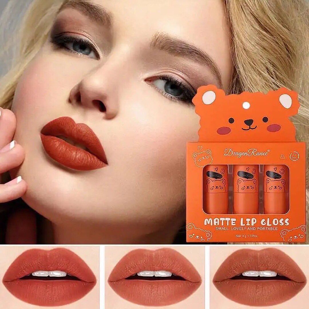 3pcs/set Cute Bear Lip Gloss Long-lasting Lip Gloss Set Non-stick Cup Lipsticks Perfect Moisturizing Lip Gloss