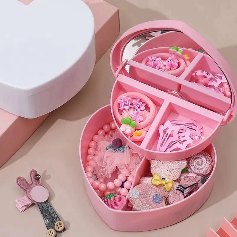 Heart-shaped Jewelry Box Pink Girl Heart Jewelry Storage Box Desktop Student Dormitory Love Double Mirror Make Up Organizer Box