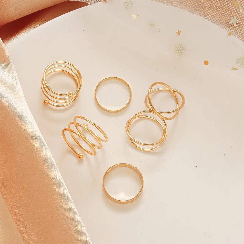 Vintage Elegant Gold Color 7 Pcs/Set Ring Twist Chain Alloy for Women Girls Party Jewelry Gift