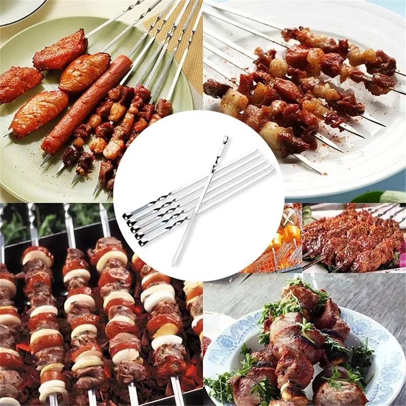 10 Pieces BBQ Stick Set Flat Metal Stainless Steel Barbecue Skewers Stick Set Tool Reusable Kebab Sticks For Meat