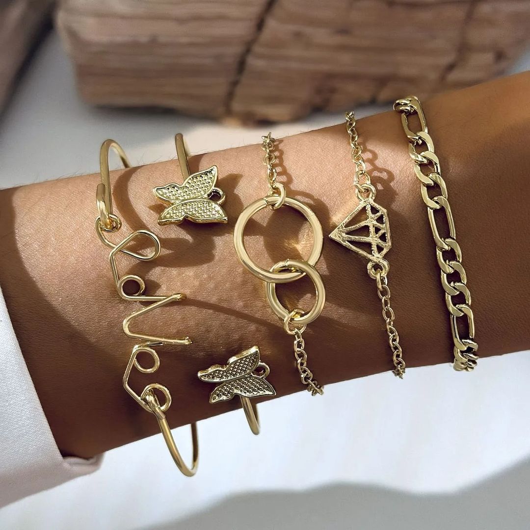 5pcs Vintage Gold Color Alloy Bracelets Number Handmade Irregular Geometry Adjustable Bangle for Women Gift