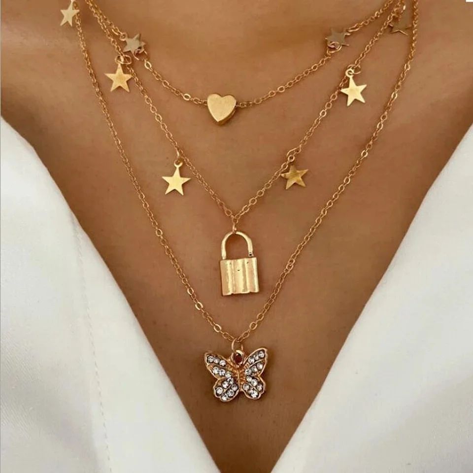 Multilayer Chain Necklace Butterfly Lock Heart Star Pendant Collier For Women Girls Female Fashion Jewelry