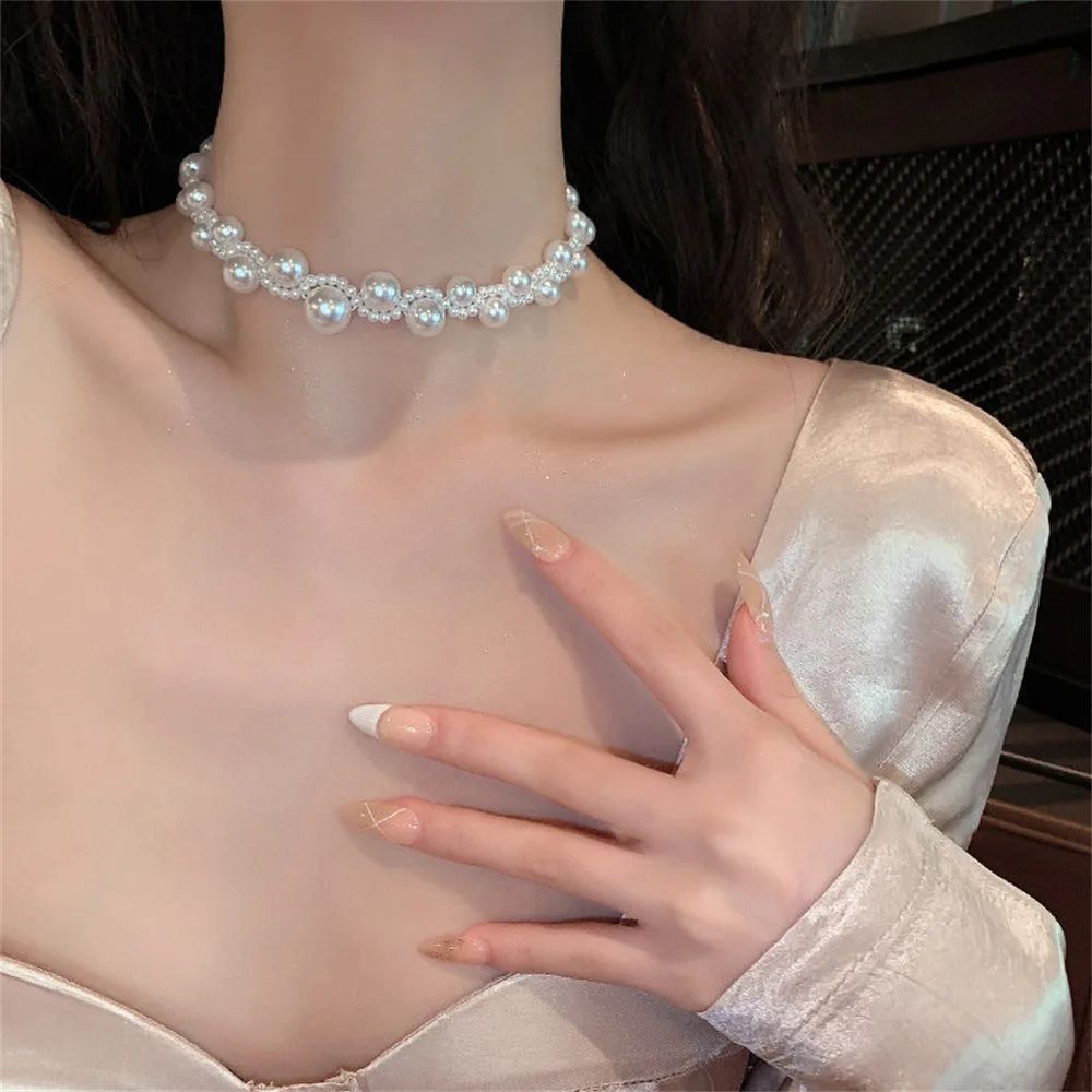 Imitation Pearl Choker Necklae For Women Adjustable Pearl Strand Chain Necklace