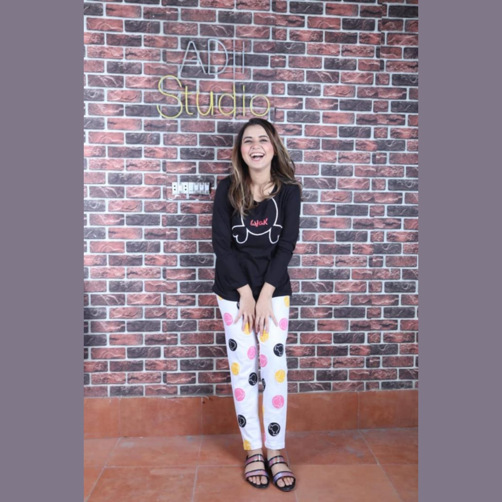 Black Stylish printed T Shirt with Multicolor Pajama Full Sleeves Night Suit for her