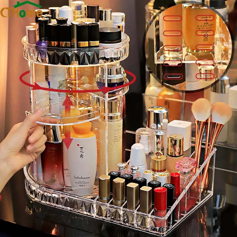 360 Degree Rotating Makeup Beauty Organizer Acrylic Box Dresser Lipstick Skin Care Shelf Diamond Pattern Cosmetics Receiving Box