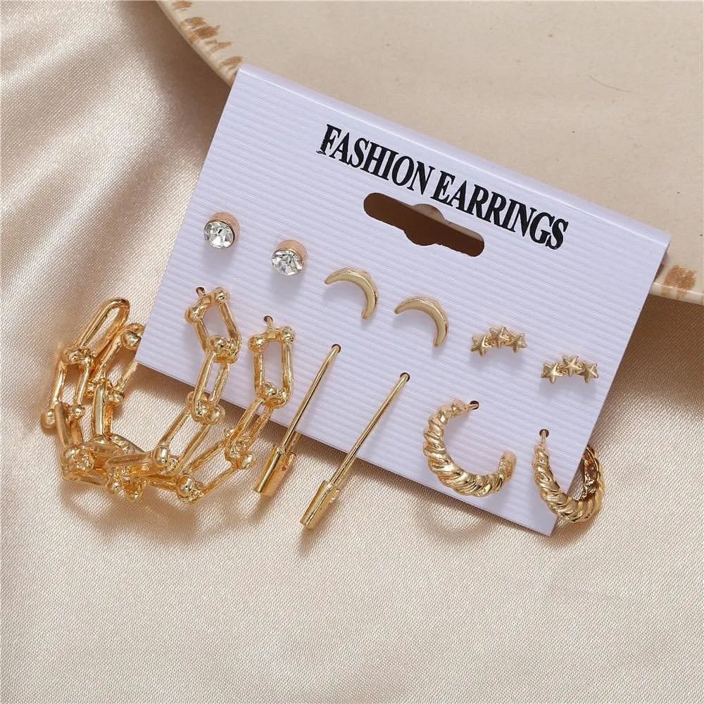 6 Pairs Vintage Geometric Gold Color Metal Earrings Pearl Dangle Drop Trending Earrings Set