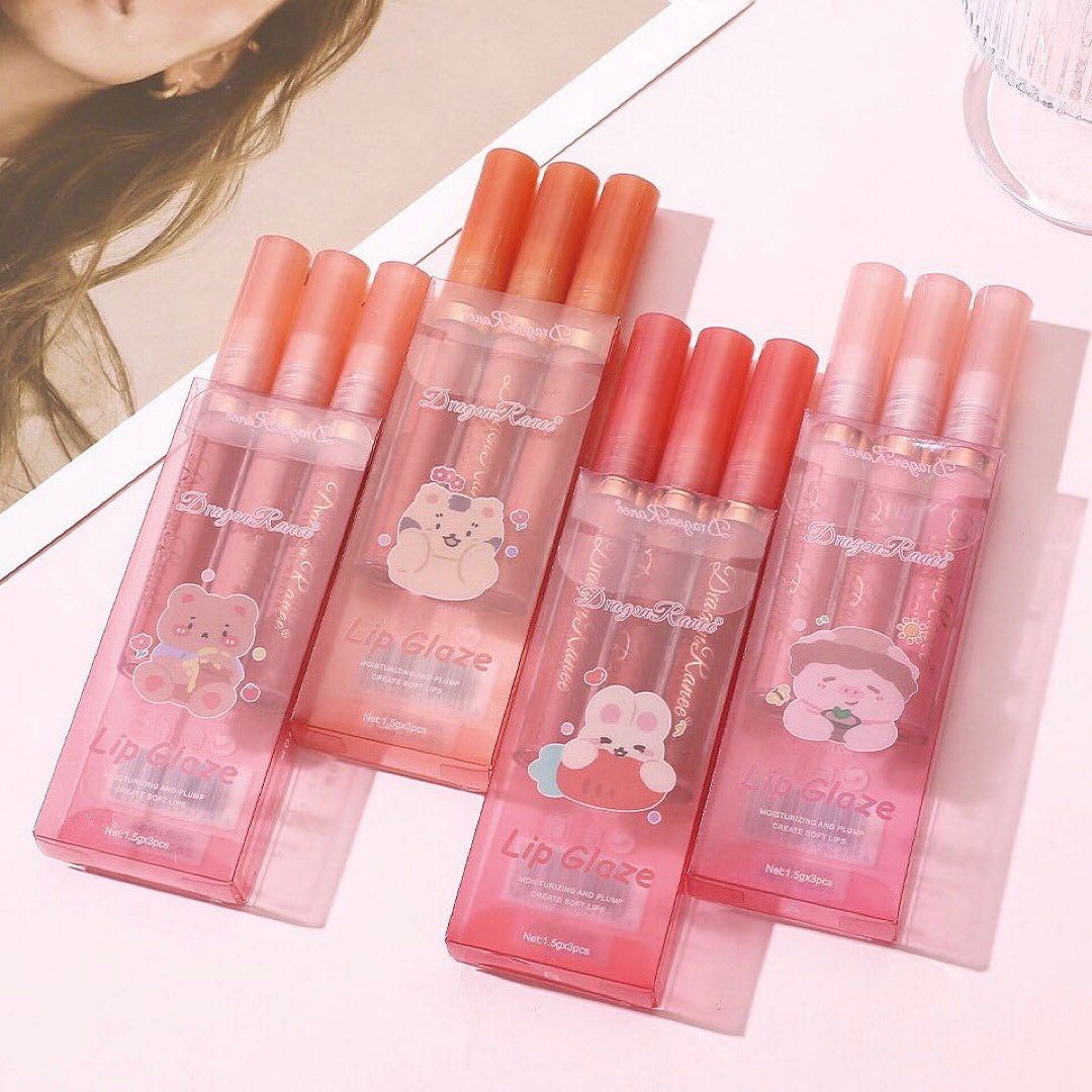 3pcs Cute Cartoon Mirror Water Lip Glaze Makeup Luminous Hydrating Lip Oil Moisturizing Glossy Lipstick