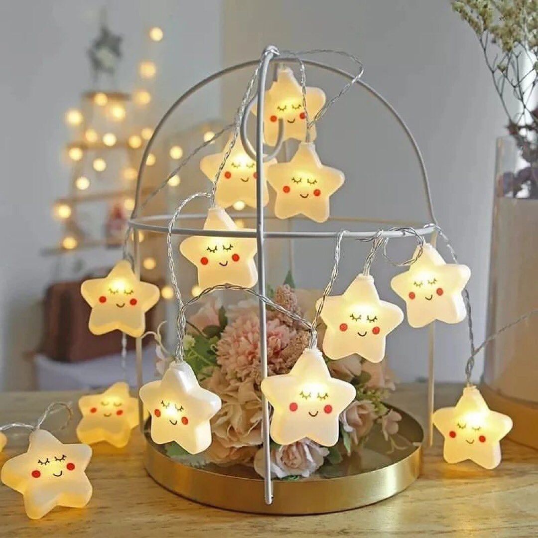 10LED White Star Smilie String Fairy Night Lights, LED Stars String Light, Yellow Star Fairy Lights