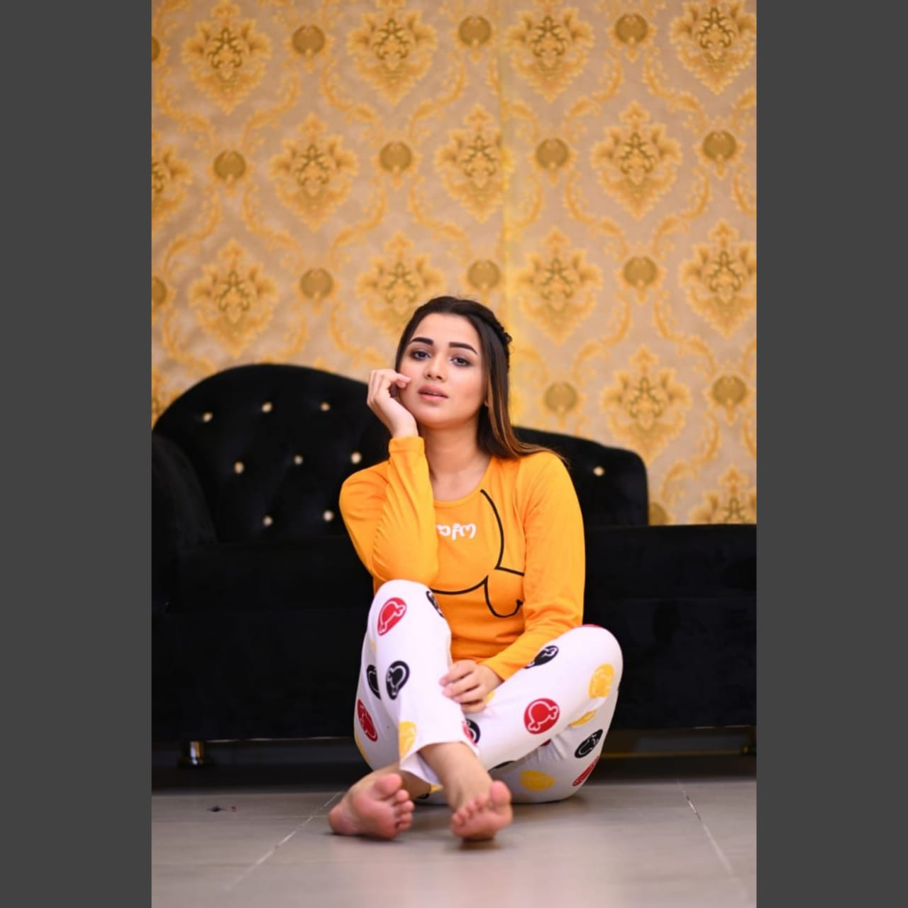 Yellow Stylish printed T Shirt with Multicolor Pajama Full Sleeves Night Suit for her