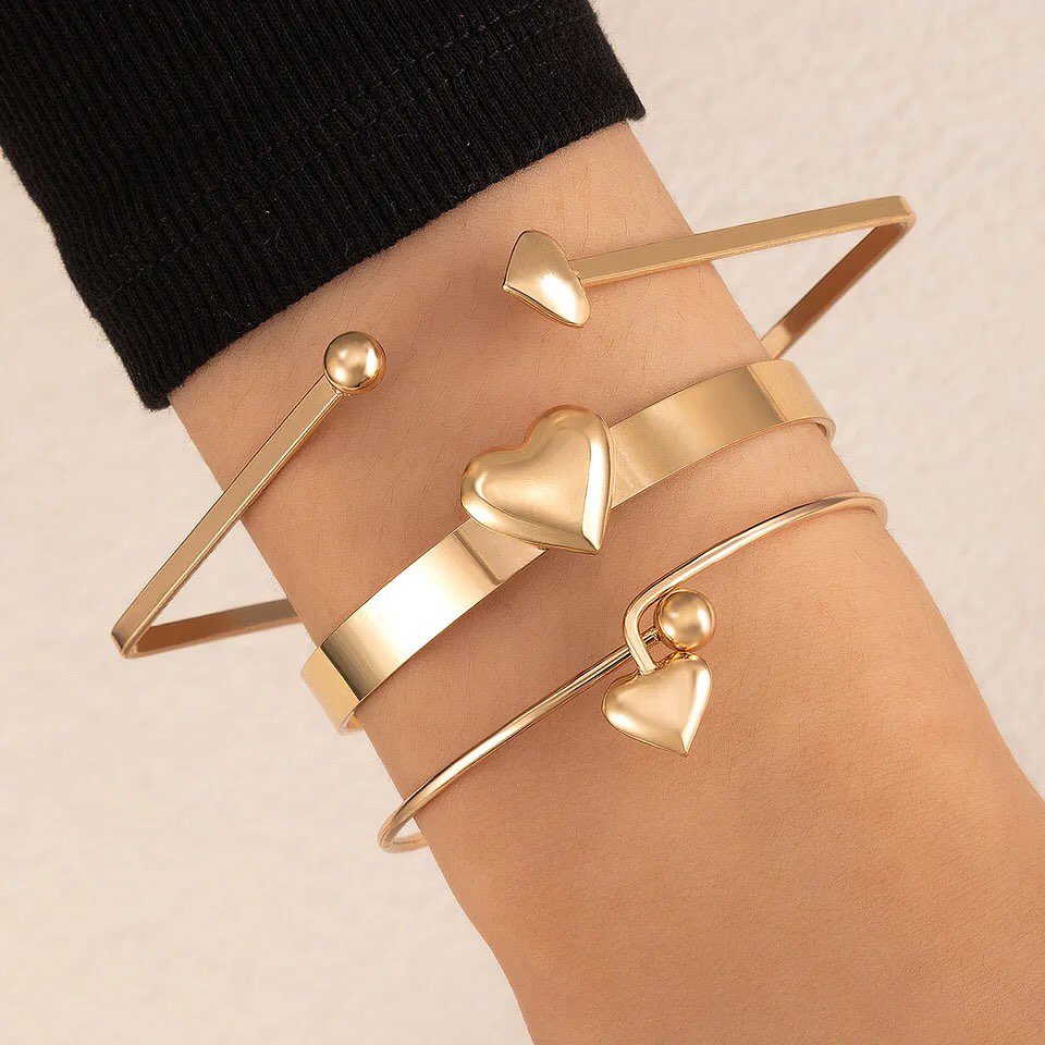 3pcs Trendy Gold Color Love Heart Multi Layer Bracelet Set for Girls Charms Geometric Open Bracelet Jewelry 3pcs/set