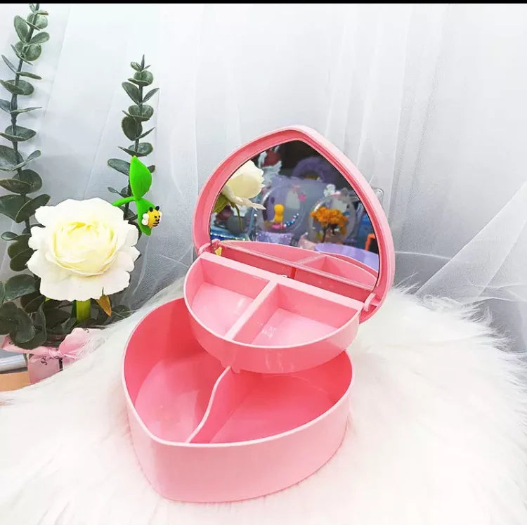 Heart Shape Jewelry Organizer With Mirror, Display Earrings Ring Jewelry Case Box, Double Layer Jewelry Organizer With Mirror, Pink Girl Heart Storage Box