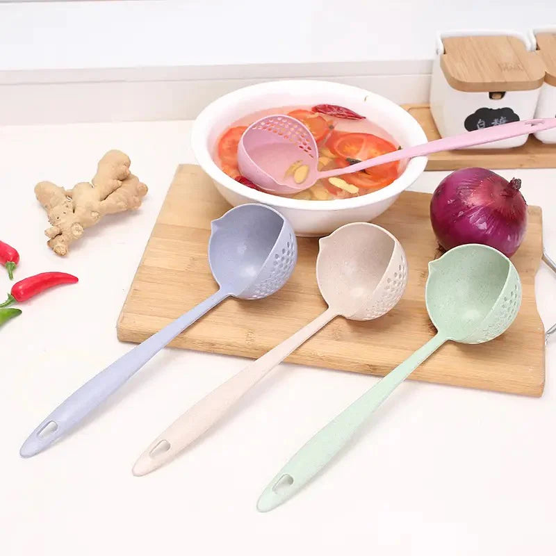 Wheat Straw/PP Long Handle Soup Spoon Hook Design Multi-function Kitchen Tools Filter 2 in 1 Porridge Spoons