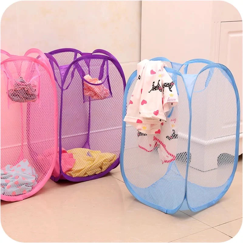 Foldable Laundry Basket Mesh Hamper Washing Clothes Bag Storage Bin Home Laundry Accessories Storage Supplies