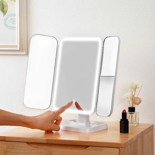 Trifold LED Makeup Mirrors Table Light Three-sided Folding Touch Induction 180 Degree Rotating Magnifying Glass Fashion Cosmetic Mirror